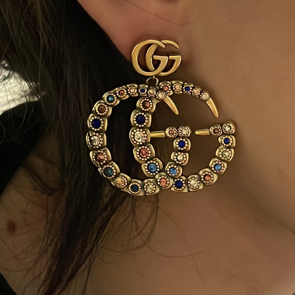 Gucci Gold-Tone Multicolor Crystal Double G Drop Earrings